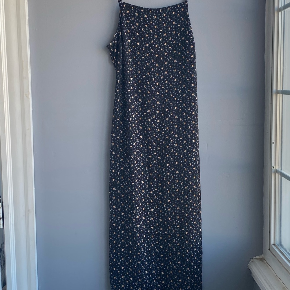 Black/floral dress with semi open back and slit on right side